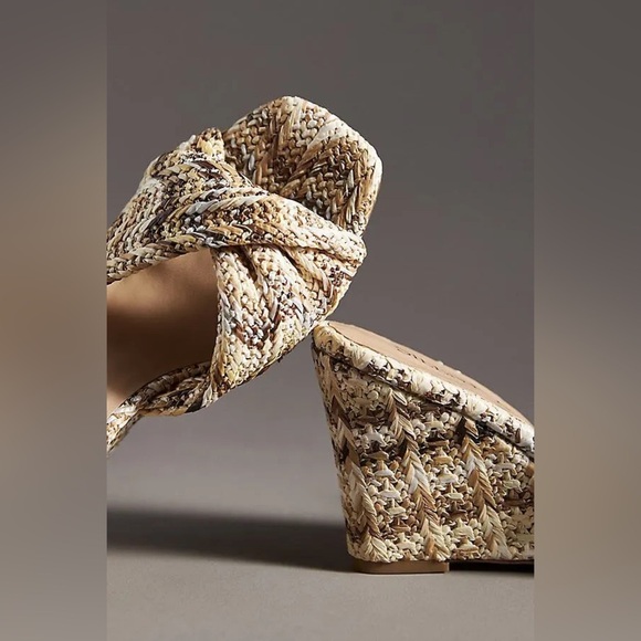 New 37 6.5 Anthropologie silent d Katia wedge sandals raffia tan brown cream - Picture 3 of 17